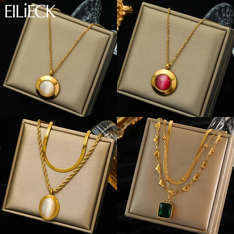 EILIECK Stainless Steel Geometric Zircon Crystal Pendant Necklace Fashion Waterproof Neck Chain Jewelry