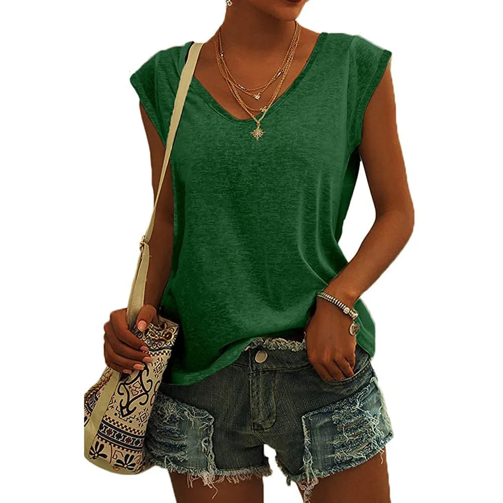 Summer Fashion Street V-neck T-shirts Women Fitness Tank Top Camisole Solid Color Breathable Cool Vest Tops Female Clothing