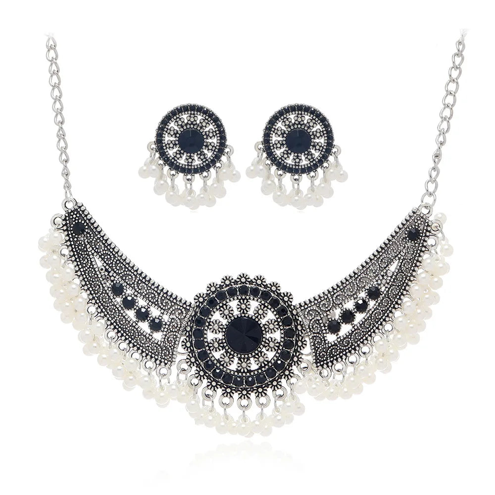 Black Crystal Choker Necklaces Earrings Jewelry Sets for Women Bohemian Ethnic Tribal Indian Style Party Pearls Jewelry Sets