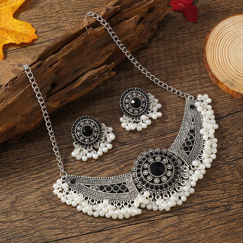 Black Crystal Choker Necklaces Earrings Jewelry Sets for Women Bohemian Ethnic Tribal Indian Style Party Pearls Jewelry Sets