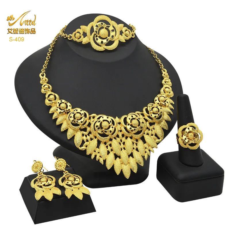 Dubai Women Gold Color Jewelry Sets African Wedding Bridal Ornament Gifts For Saudi Arab Necklace Bracelet Earrings Ring Set