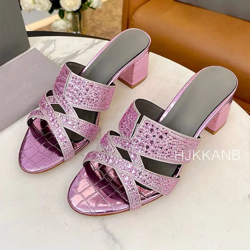 Summer Chunky High Heels Women's Slippers Luxury Rhinestone Open Toe Casual Sandals Hallow Outs Outdoor Vacation Sandal
