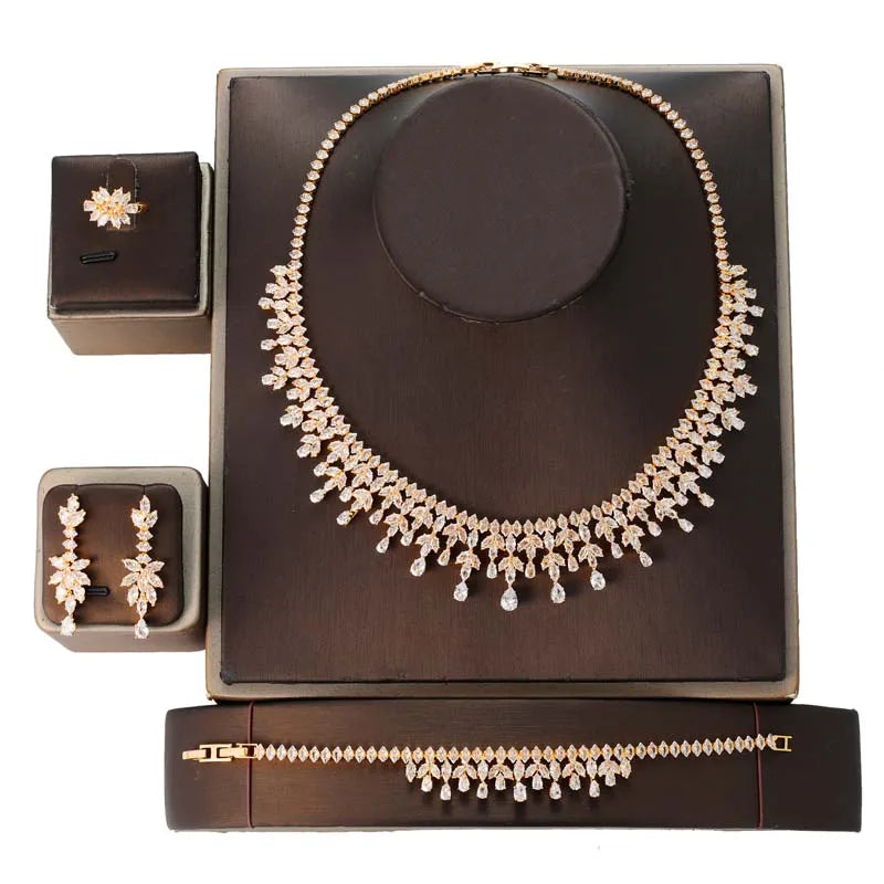 Jewelry Set HADIYANA Cubic Zircon Women Water-drop Jewelry Set Necklace Bracelet Earrings And Ring Birthday Gift