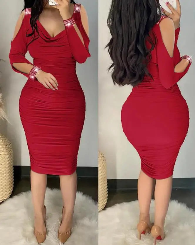Fashion Sexy Rhinestone Decor Cold Shoulder Ruched Body con Long Sleeve Dress Midi Skinny Party women's dresses