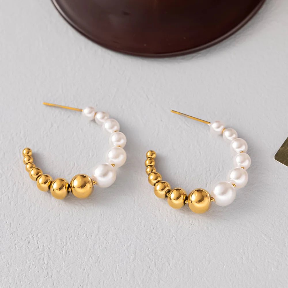 EILIECK 316L Stainless Steel Pearl Earrings For Women Fashion New Holiday Gold Color Waterproof Ear Jewelry