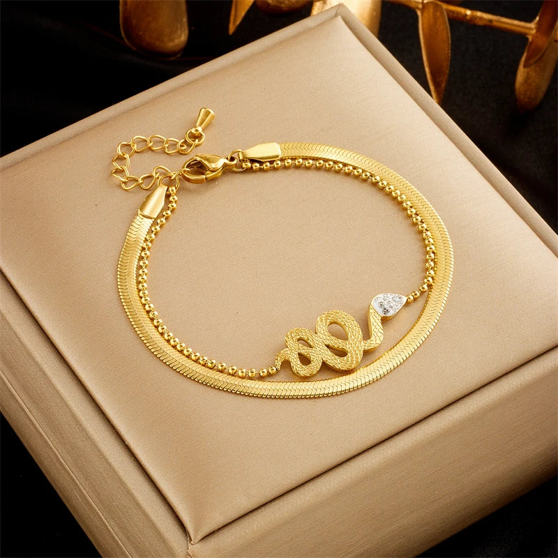 DIEYURO Stainless Steel Snake Charm Bracelet For Women New Fashion Gold Color 2in1 Wrist Chains Jewelry