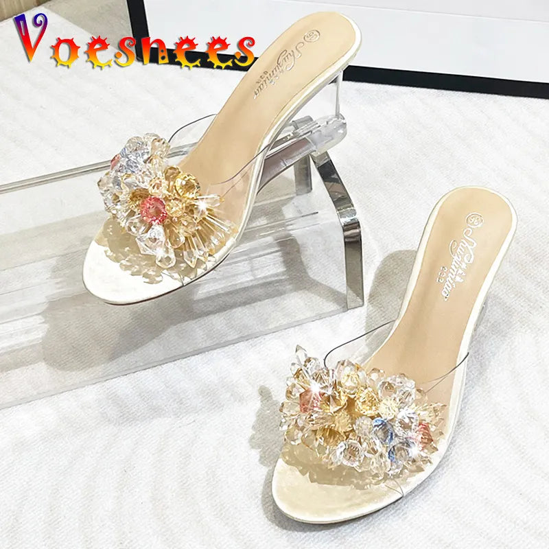 Woman Shoe 8CM Summer Wedge Sandals Design Color Bead Flower Transparent Heels Women Crystal String Rhinesto Bead Slippers