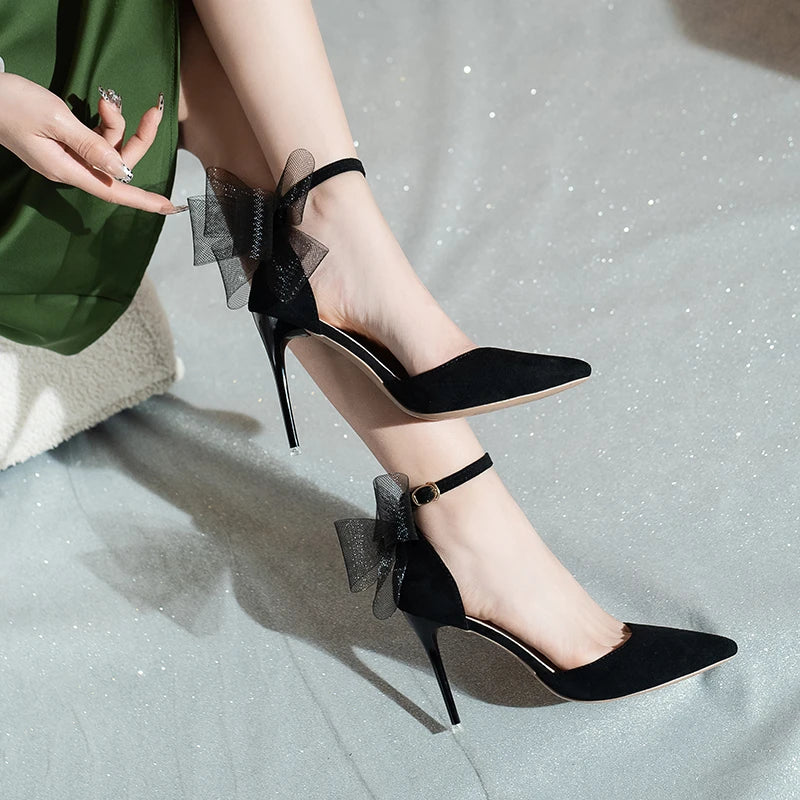 Women's Sandals Summer New High Heels Pointy Mesh Bow Wrap with Slip Sandals Fashion Temperament Stiletto Heels Party Sandals