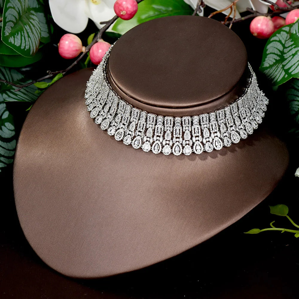 HIBRIDE Sparkling Water Drop Charms 4Pcs Statement Necklace Earring Bracelet Ring Set Luxury Nigerian Dubai Jewelry Sets
