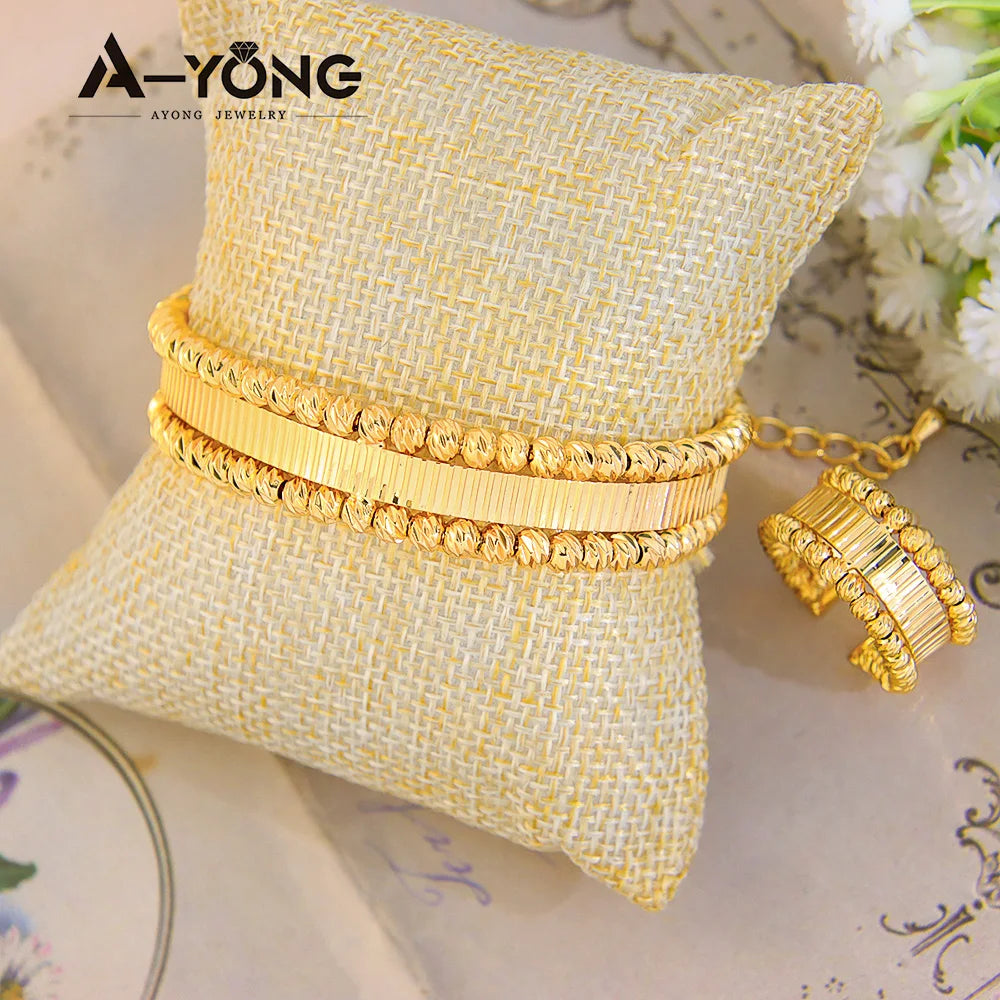 Italian Elegant Gold Bracelet and ring Set 21k Gold Plated Turkish Bead Openwork Copper Bracelets Ring Luxury Dubai Style Bridal Jewelry
