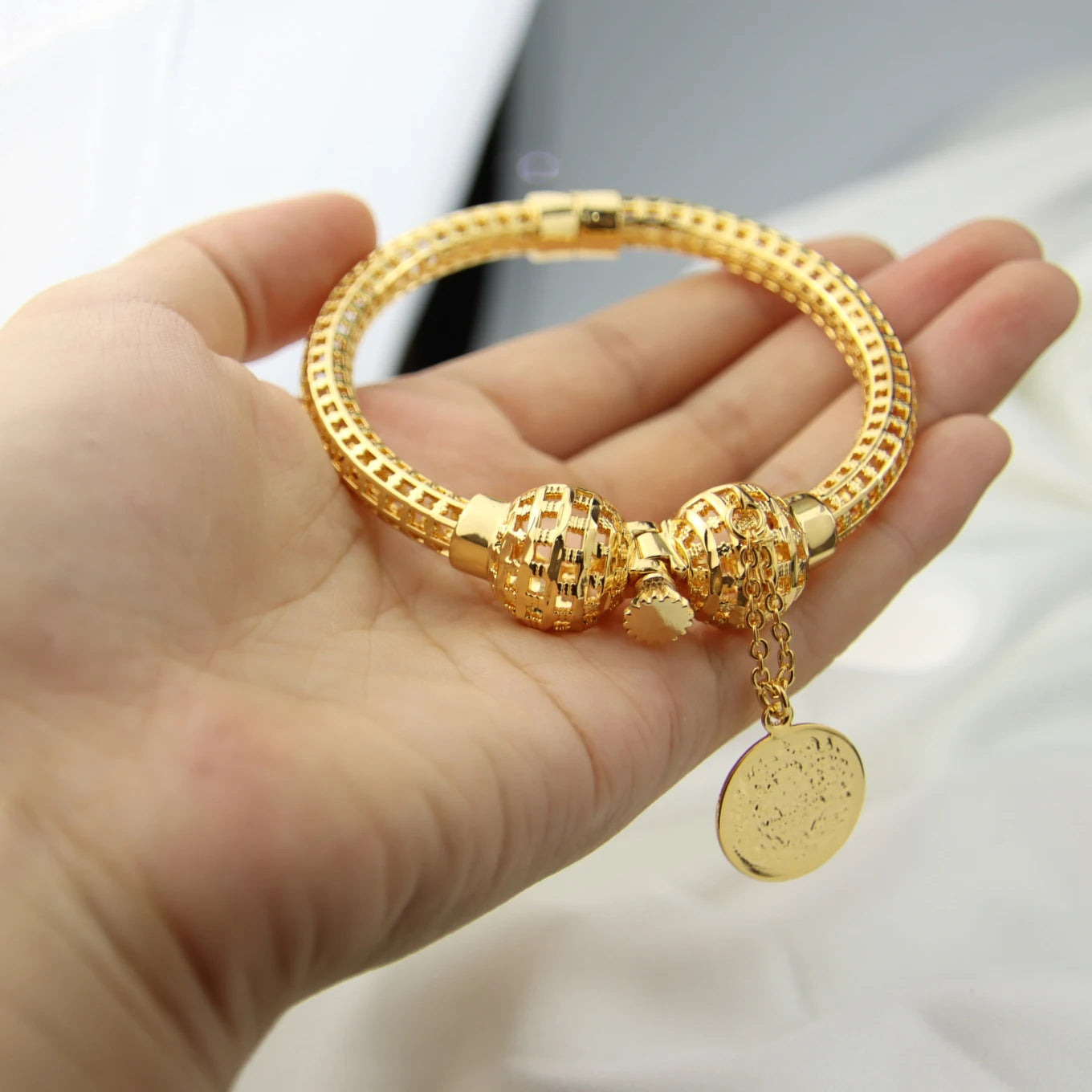 AYONG Saudi Gold Bracelet 21k Gold Plated Hollow Out Balls Bangle Punk Personality Hand Chain Cuff Bracelet