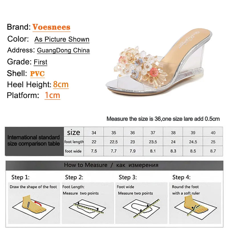 Woman Shoe 8CM Summer Wedge Sandals Design Color Bead Flower Transparent Heels Women Crystal String Rhinesto Bead Slippers