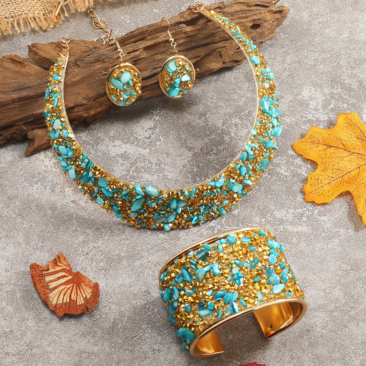 22K Gold Plated Jewelry Set With Choker Necklace & Drop Earrings & Open Cuff Bangle Bracelet Inlaid Colorful Rhinestone