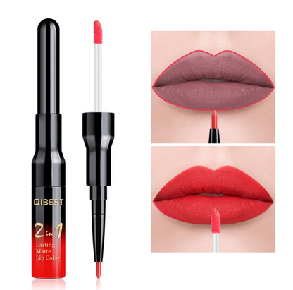 QIBEST Lip Liner Matte Nonstick Cup Liquid Lipstick Double Lip Gloss Pen