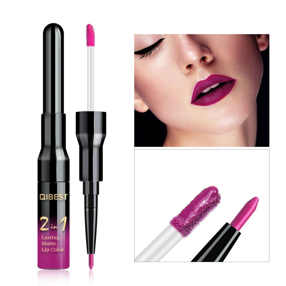 QIBEST Lip Liner Matte Nonstick Cup Liquid Lipstick Double Lip Gloss Pen