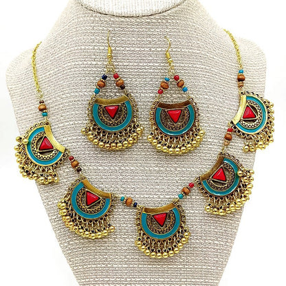 Women's Vintage Metal Indian Necklace And Earrings Suite