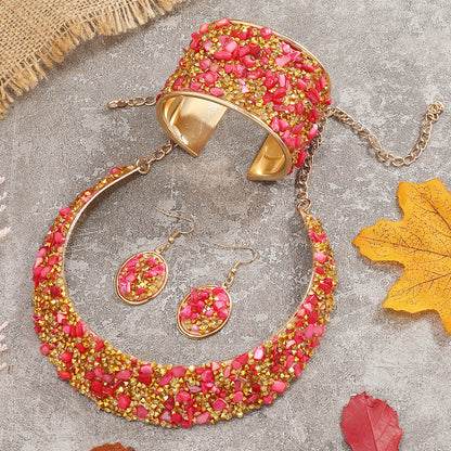 22K Gold Plated Jewelry Set With Choker Necklace & Drop Earrings & Open Cuff Bangle Bracelet Inlaid Colorful Rhinestone