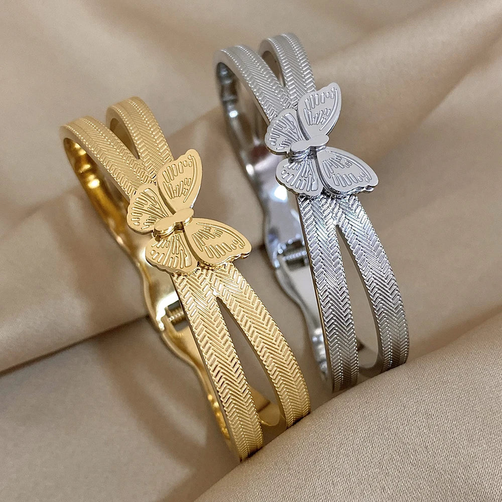 Trendy Butterfly Stainless Steel Charm Bracelet For Women Sweet Gold or Silver Color Waterproof Cuff Bangle Party Jewelry