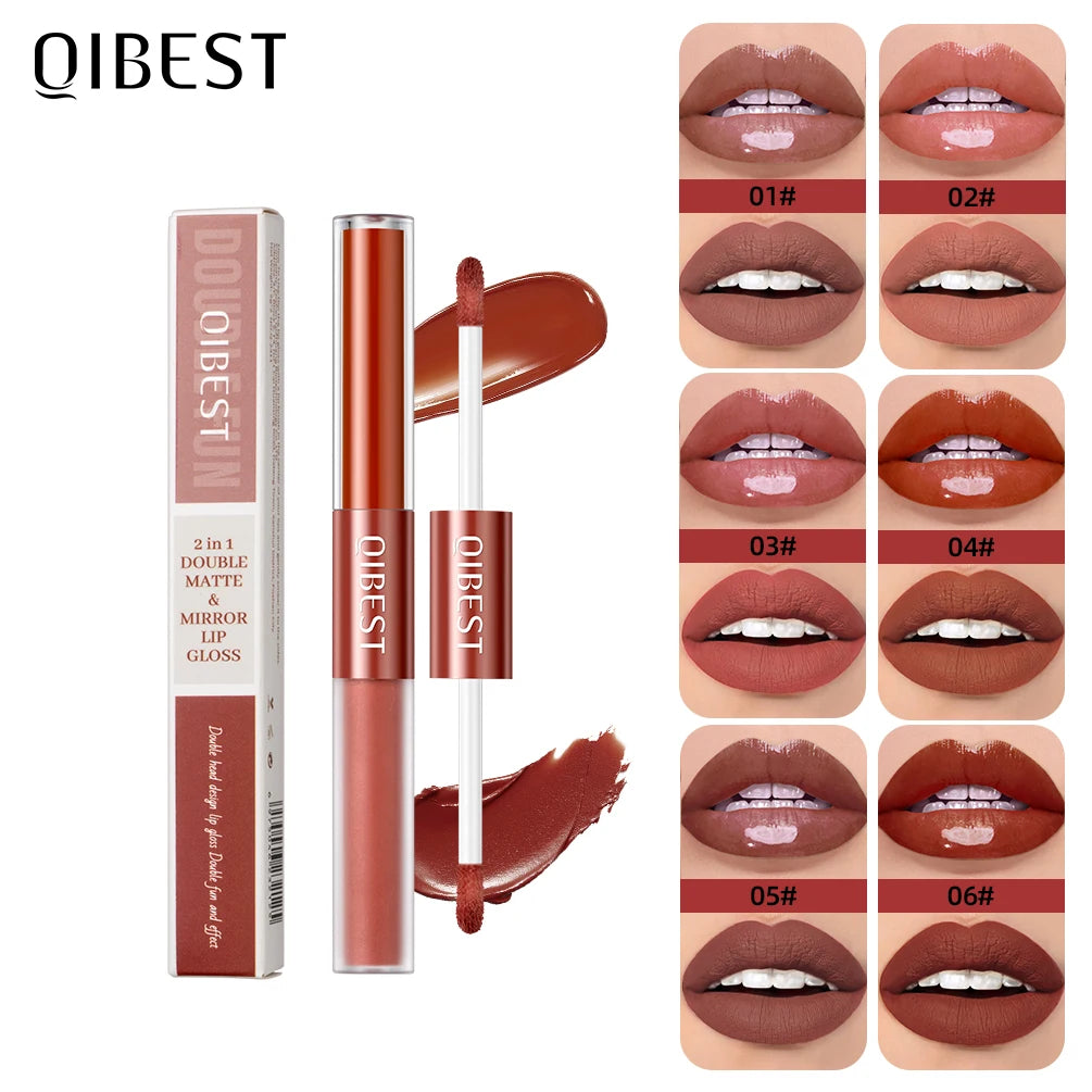 QIBEST Double Head Lip Gloss Matte Velvet Sexy Beautiful Tint Liquid Lipstick Waterproof Lip gloss Lasting Lip Glaze Korean  Cosmetics