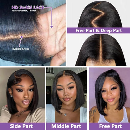 Straight Short Bob HD Transparent Lace Frontal Human Hair Wigs For Women 13x4 Lace Front 4x4 Lace Closure Wig PrePlucked