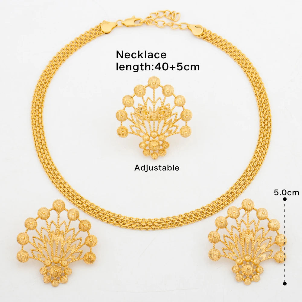 Luxury Handmade Big Earrings Ring Set 18K Gold Plated Dubai Style Chain Occasions Accessory Set