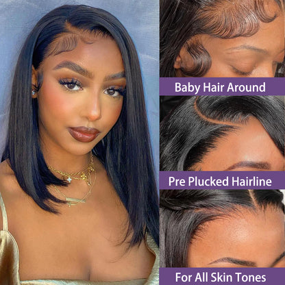 Straight Short Bob HD Transparent Lace Frontal Human Hair Wigs For Women 13x4 Lace Front 4x4 Lace Closure Wig PrePlucked