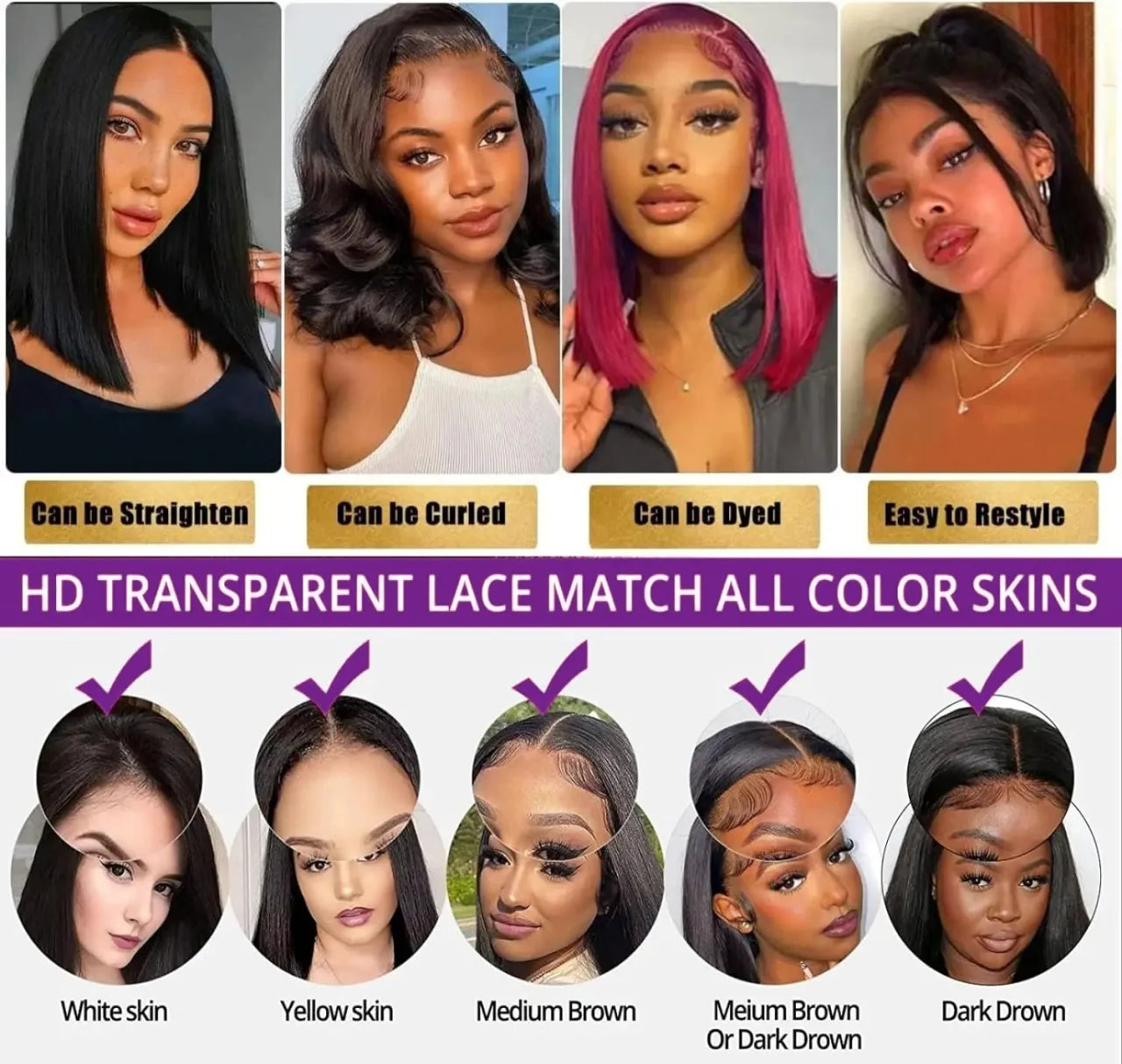 Straight Short Bob HD Transparent Lace Frontal Human Hair Wigs For Women 13x4 Lace Front 4x4 Lace Closure Wig PrePlucked