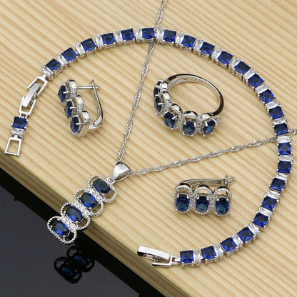 Silver 925 Jewelry Sets Blue Natural Cubic Zirconia Costume Jewelry Kits Indian Jewelry for Women Necklace Set Hoop Earrings