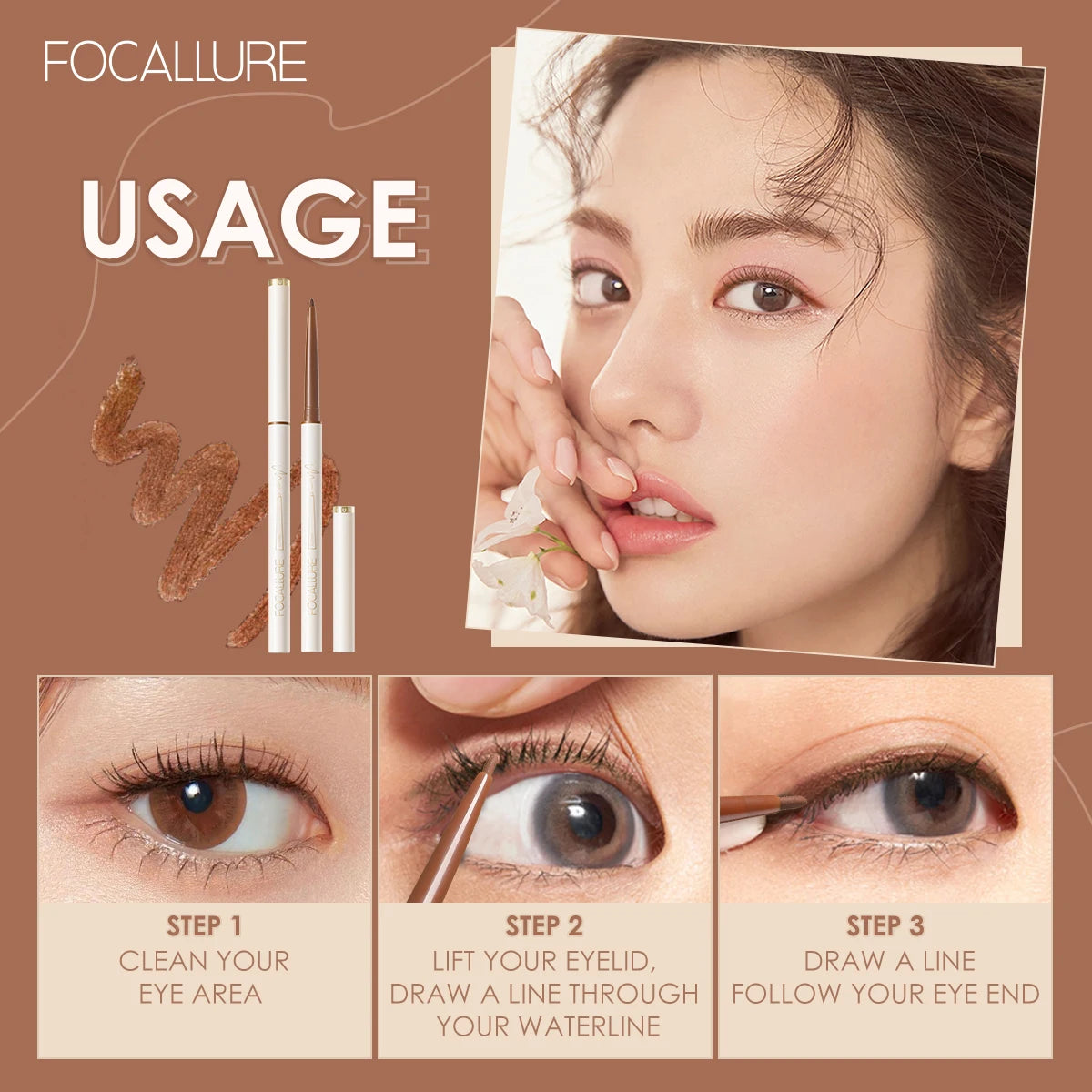 FOCALLURE Ultra-slim Eyeliner Gel Pencil Long Wear Waterproof Soft High Pigment Long-lasting Eye Liner Tool Pen Makeup Cosmetics