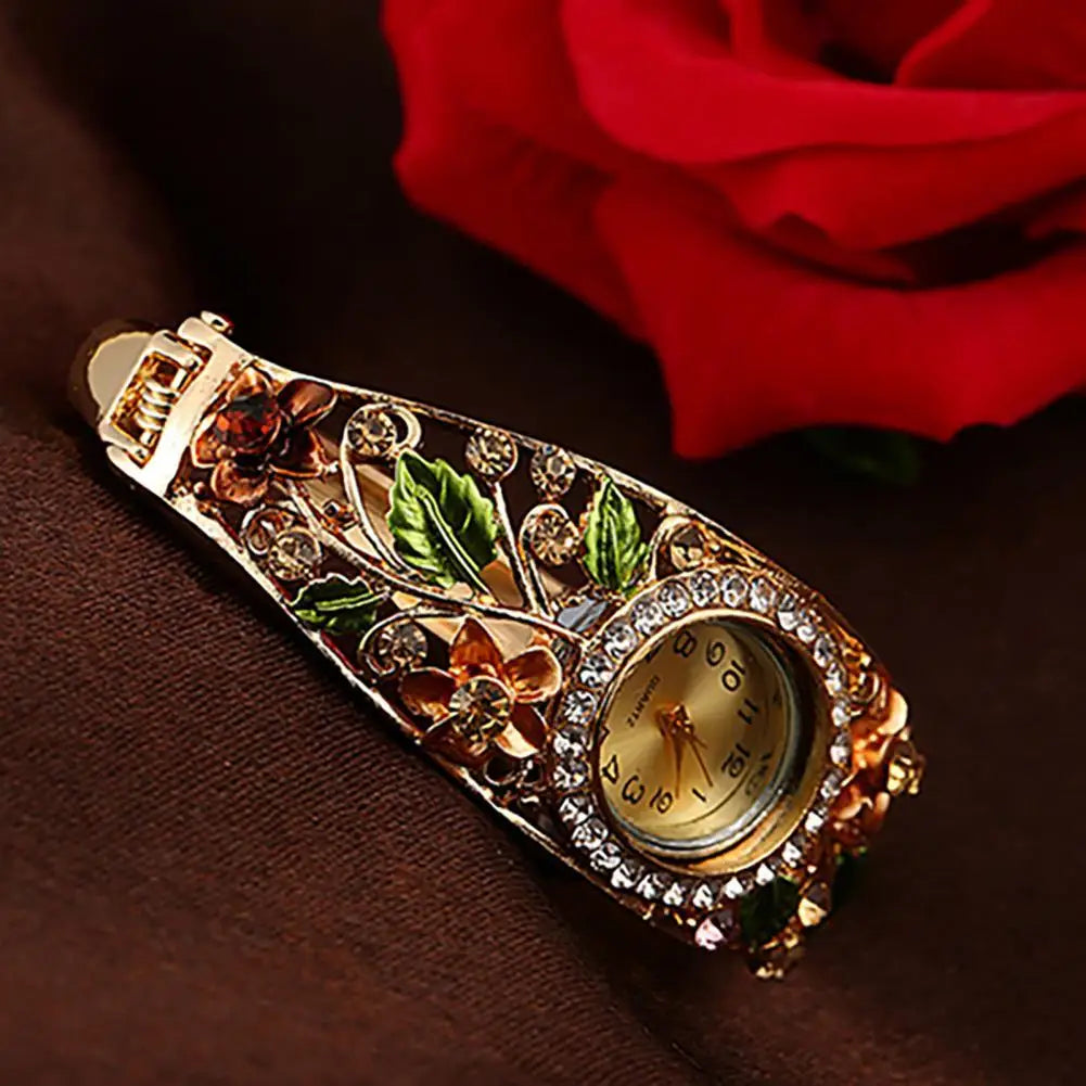 Quartz Watch Bangle Dress Watch Vintage Faux Crystal Alloy Pretty Floral Pattern Bracelet Watch for Casual