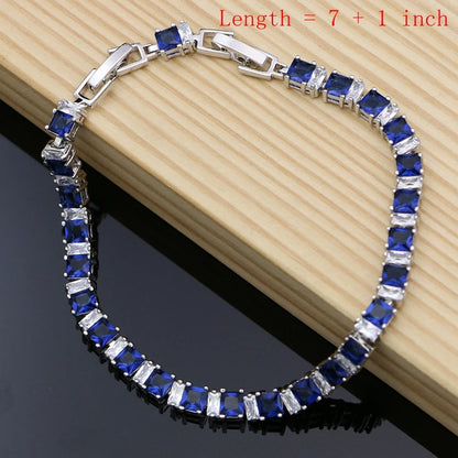 Silver 925 Jewelry Sets Blue Natural Cubic Zirconia Costume Jewelry Kits Indian Jewelry for Women Necklace Set Hoop Earrings