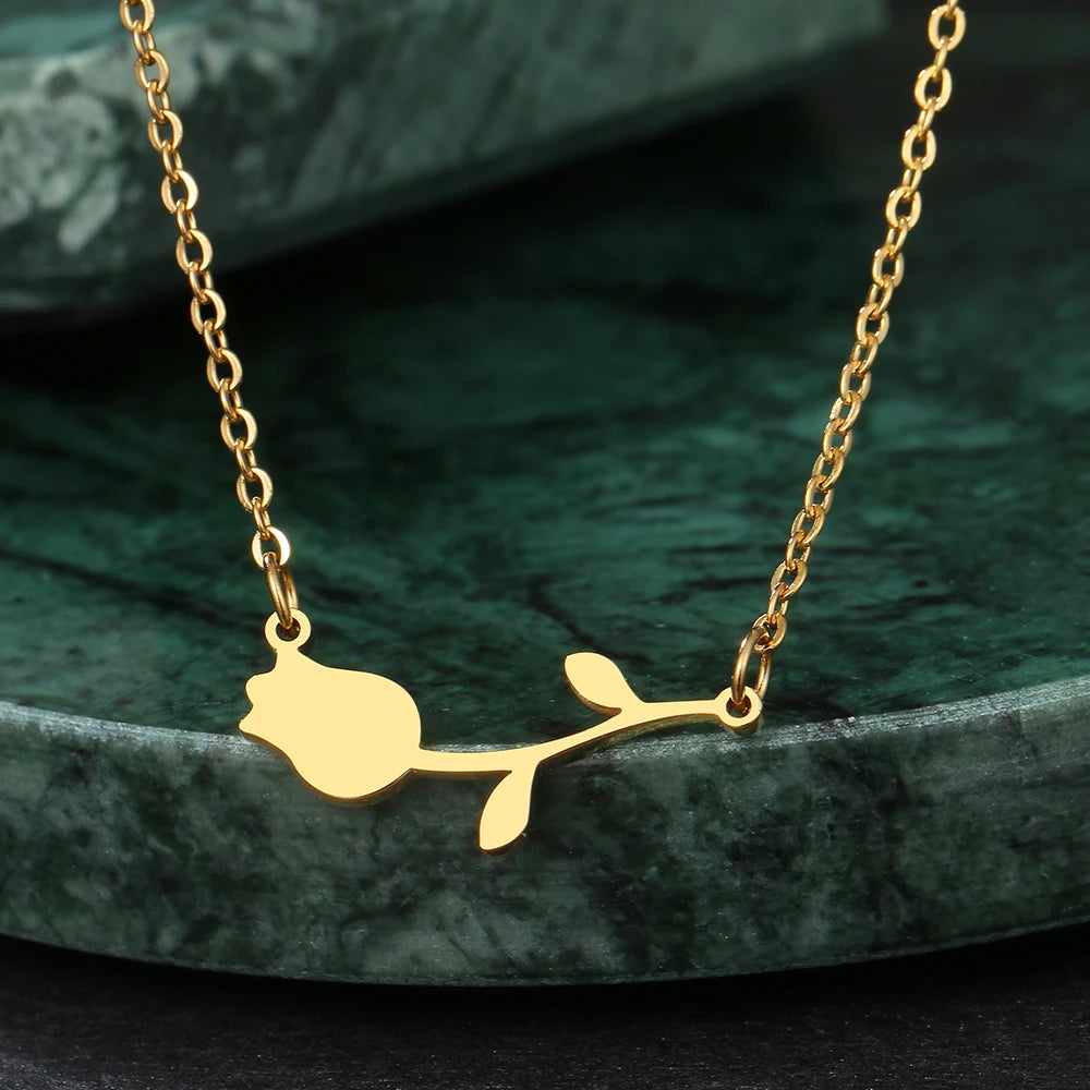 Stainless Steel Necklaces Rose Valentines Pendant Collar Chain Fashion Necklace For Women Jewelry Wedding Party Wife Gifts 1Pcs