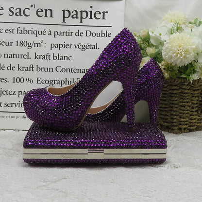 Dark Purple Crystal wedding shoes with matching bags bride party dress High heels platform shoes Round Toe High Pumps and Purse