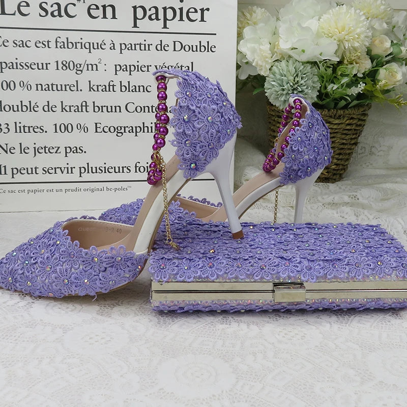 Violet  Flower Wedding Shoes With Matching Bags High Heels Pointed Toe Beading Ankle Strap Ladies Party shoe and bag set Shoe