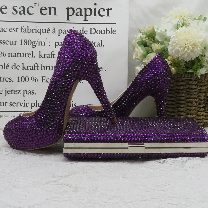 Dark Purple Crystal wedding shoes with matching bags bride party dress High heels platform shoes Round Toe High Pumps and Purse