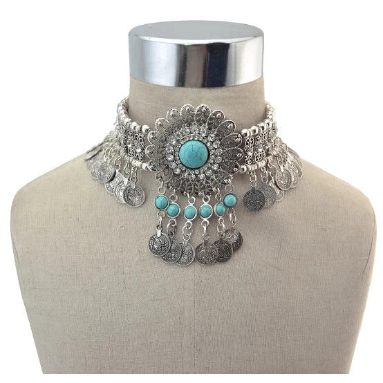 Bohemian Turkish Ethnic Metal Gypsy Beach Choker Bib Coin Tassel Collar Necklace For Women Indian Charm Turk Party Jewelry