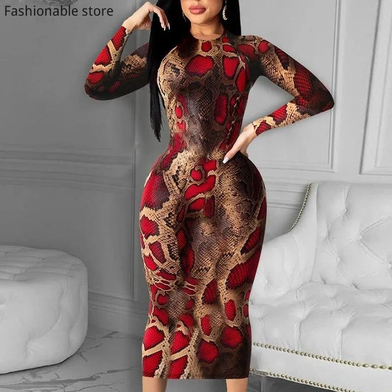 Women Fashion Elegant Beautiful Snakeskin Long Sleeve Skinny Midi Dress