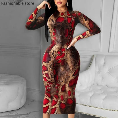 Women Fashion Elegant Beautiful Snakeskin Long Sleeve Skinny Midi Dress
