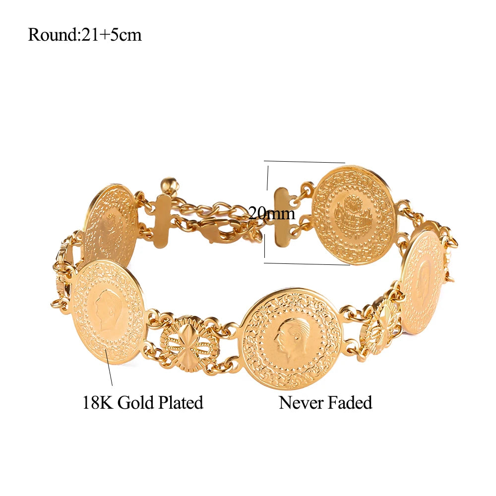 Gold Color Coin Bracelet Coins Bracelet for Women Middle Eastern Jewelry Gifts Never Faded