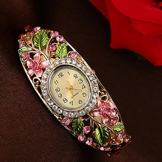 Quartz Watch Bangle Dress Watch Vintage Faux Crystal Alloy Pretty Floral Pattern Bracelet Watch for Casual