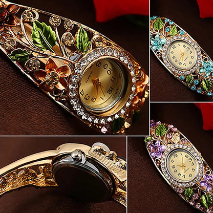 Quartz Watch Bangle Dress Watch Vintage Faux Crystal Alloy Pretty Floral Pattern Bracelet Watch for Casual