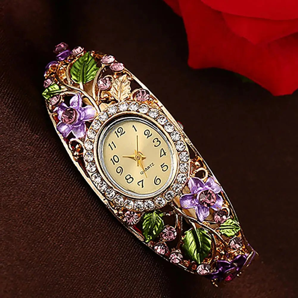 Quartz Watch Bangle Dress Watch Vintage Faux Crystal Alloy Pretty Floral Pattern Bracelet Watch for Casual