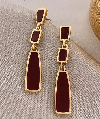 High-grade Elegant Golden Geometric Square Red Retro Long Earrings Fashion Design French Romantic Exquisite Temperament Earrings