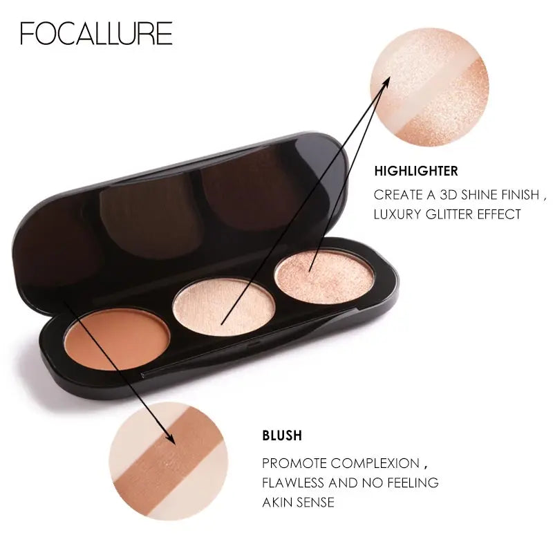 FOCALLURE 3 In 1 Makeup Palette Blush&Highlighter Face Matte Highlighter Powder Illuminated Bronzer Blusher Powder