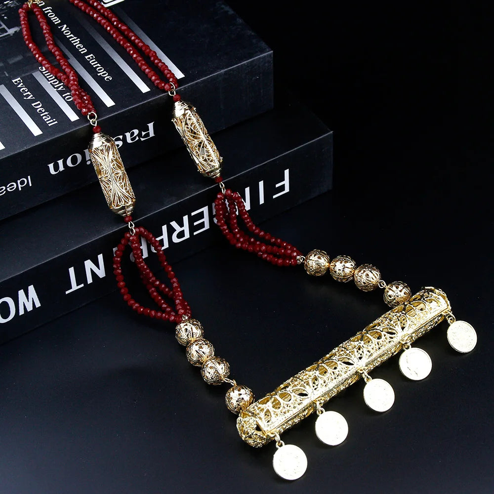 Sunspicems Gold Color Necklace For Women Long Bead Chain  Coin Necklace  Wedding Bridal Jewelry