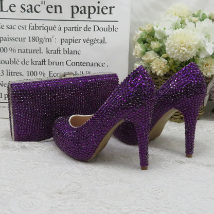 Dark Purple Crystal wedding shoes with matching bags bride party dress High heels platform shoes Round Toe High Pumps and Purse