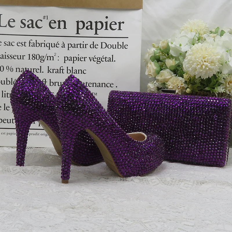 Dark Purple Crystal wedding shoes with matching bags bride party dress High heels platform shoes Round Toe High Pumps and Purse