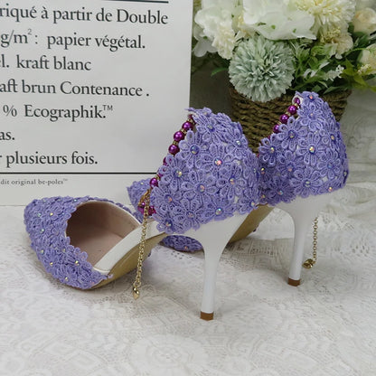 Violet  Flower Wedding Shoes With Matching Bags High Heels Pointed Toe Beading Ankle Strap Ladies Party shoe and bag set Shoe