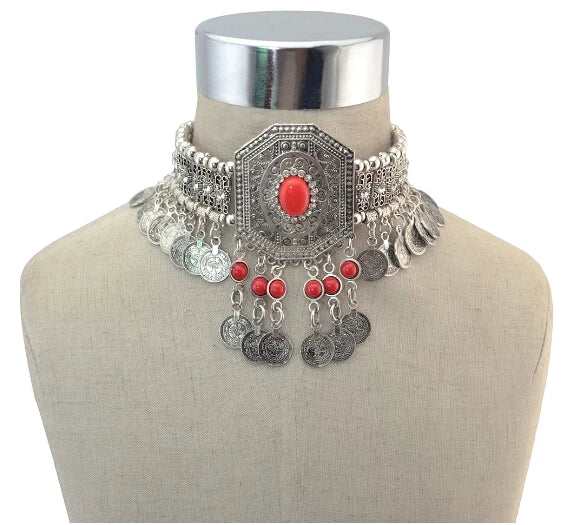Bohemian Turkish Ethnic Metal Gypsy Beach Choker Bib Coin Tassel Collar Necklace For Women Indian Charm Turk Party Jewelry