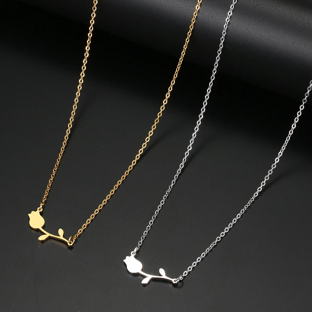 Stainless Steel Necklaces Rose Valentines Pendant Collar Chain Fashion Necklace For Women Jewelry Wedding Party Wife Gifts 1Pcs